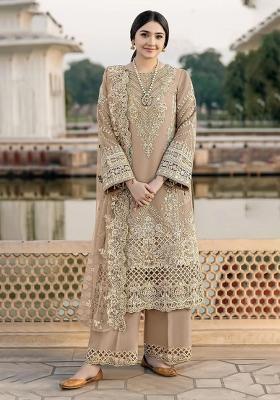 Beige Embroidered Chiffon Kurta Set