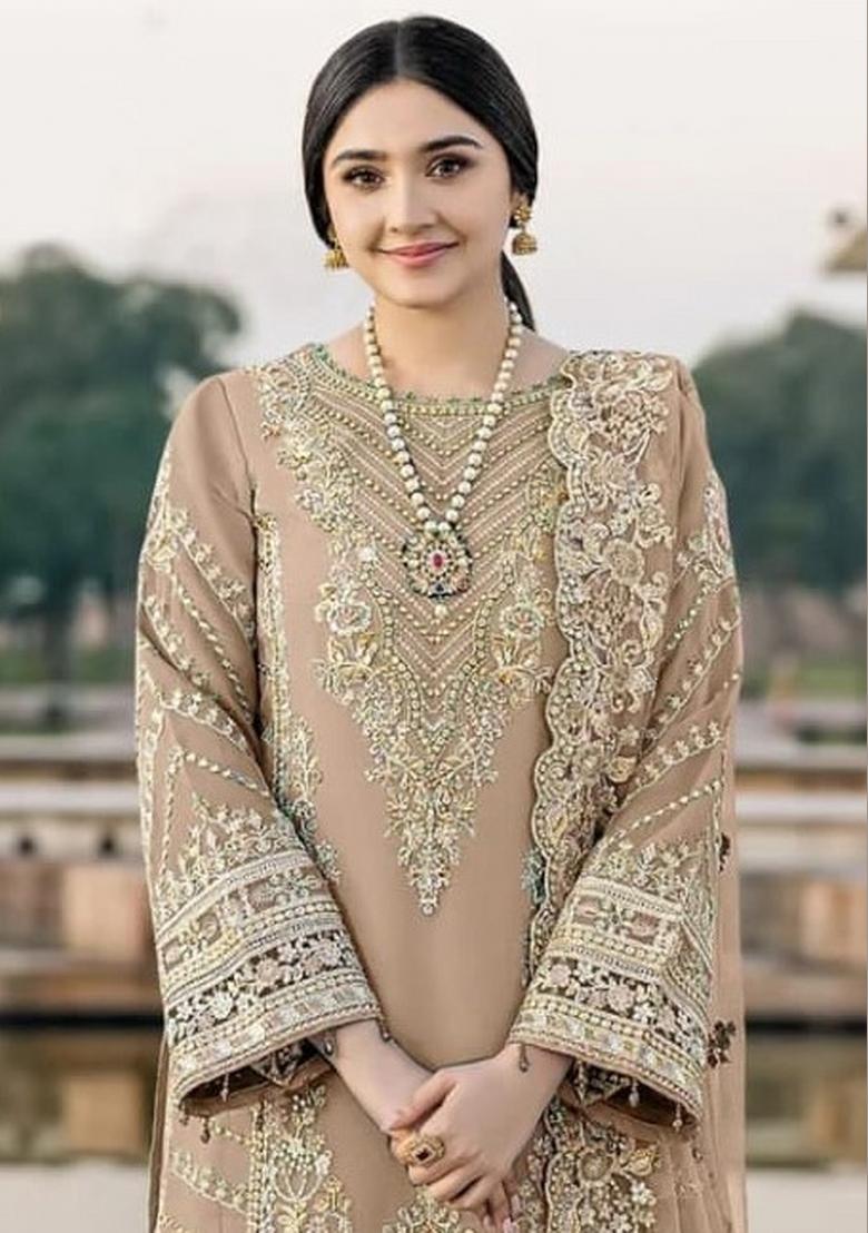 Beige Embroidered Chiffon Kurta Set - Indya