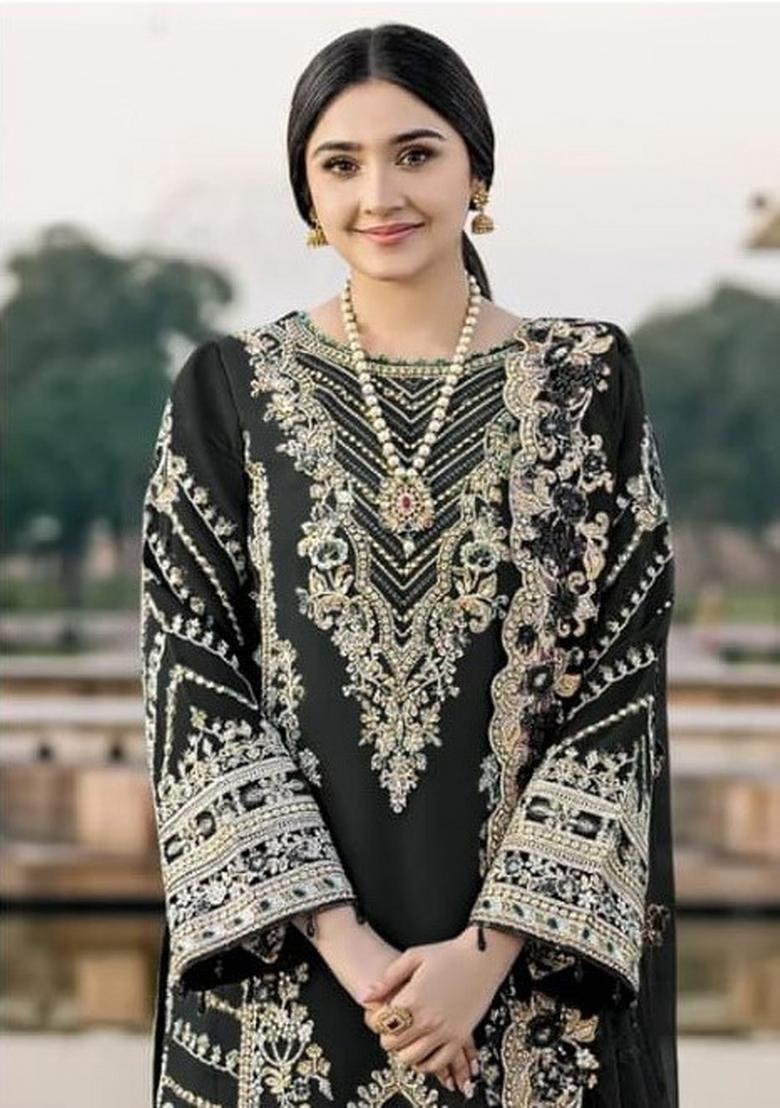 Black Embroidered Chiffon Kurta Set - Indya
