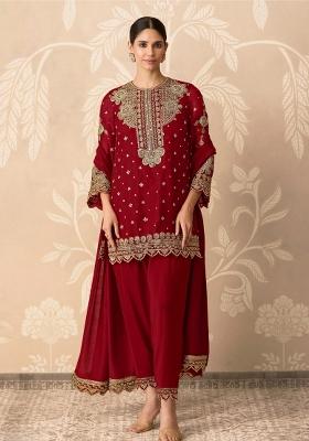 Red Embroidered Georgette Kurta Set
