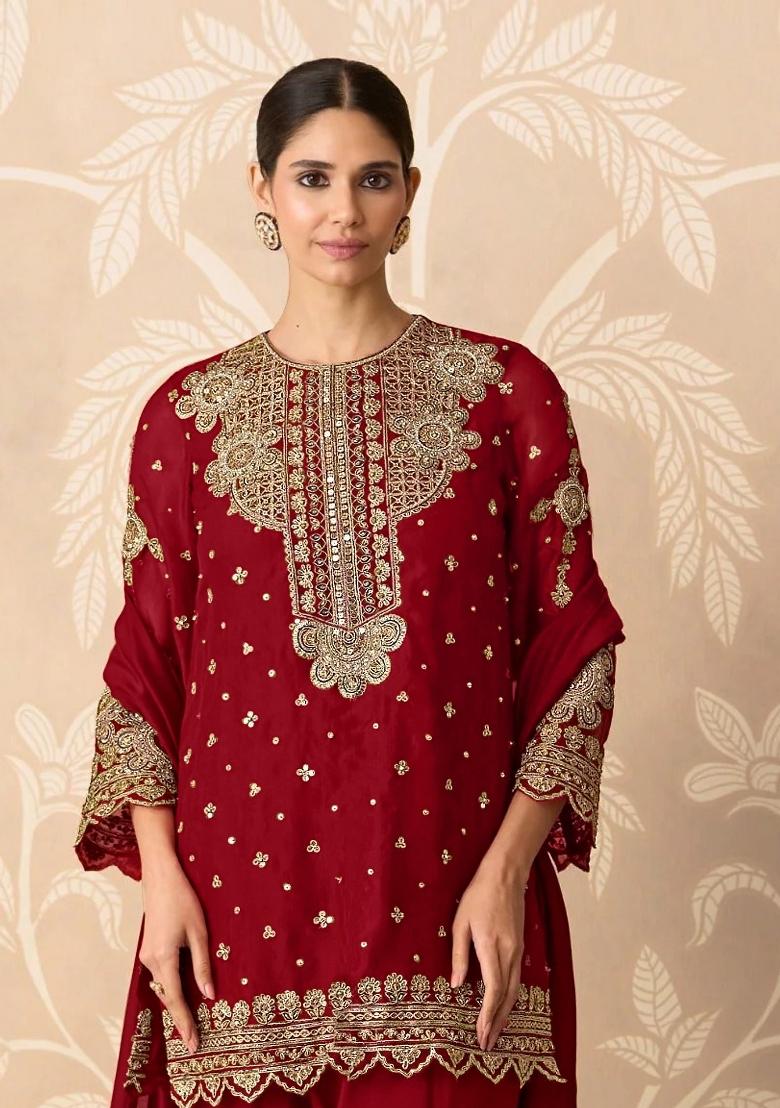 Red Embroidered Georgette Kurta Set - Indya