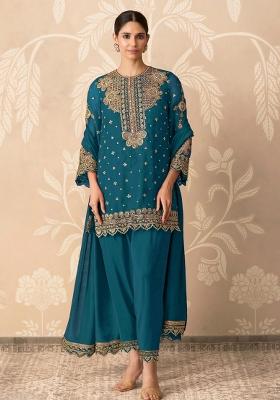 Teal Blue Embroidered Georgette Kurta Set
