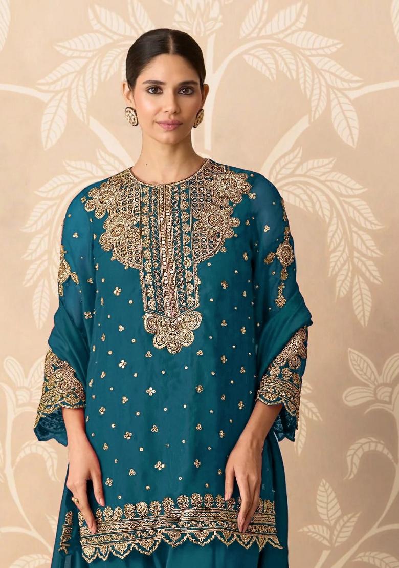 Teal Blue Embroidered Georgette Kurta Set - Indya