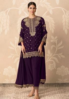 Purple Embroidered Georgette Kurta Set