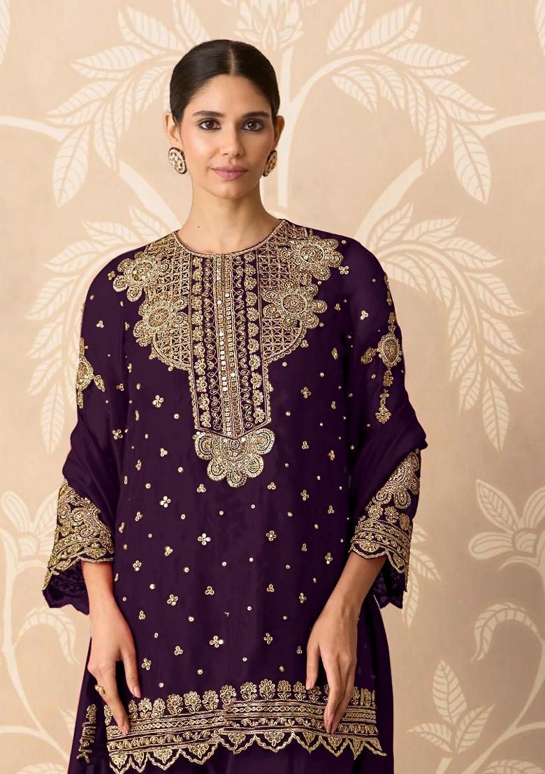 Purple Embroidered Georgette Kurta Set - Indya