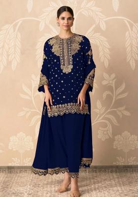Navy Blue Embroidered Georgette Kurta Set