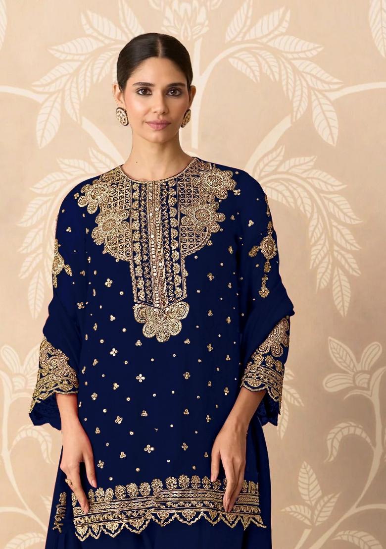 Navy Blue Embroidered Georgette Kurta Set - Indya