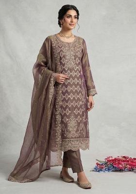 Mauve Embroidered Silk Blend Kurta Set