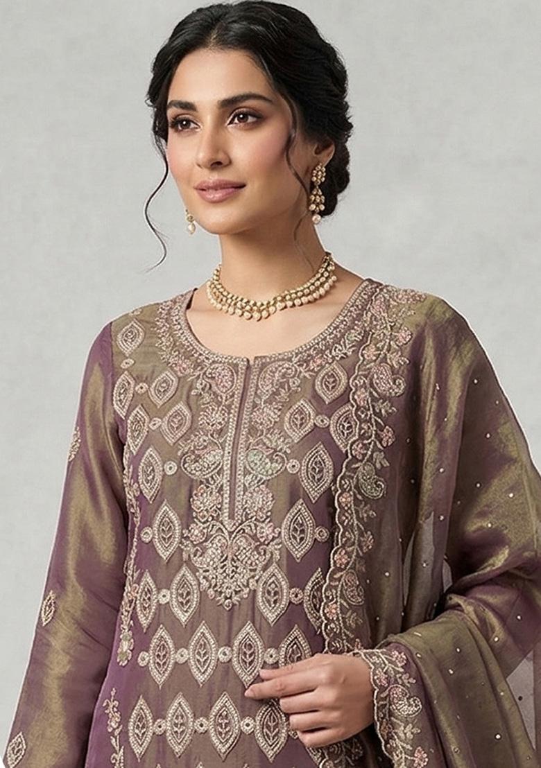 Mauve Embroidered Silk Blend Kurta Set - Indya