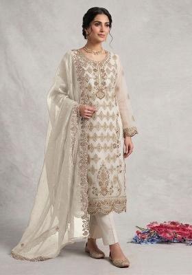 White Embroidered Silk Blend Kurta Set