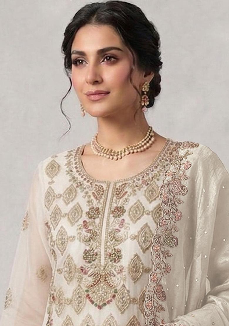 White Embroidered Silk Blend Kurta Set - Indya