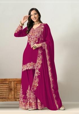 Deep Magenta Embroidered Chinon Kurta Set