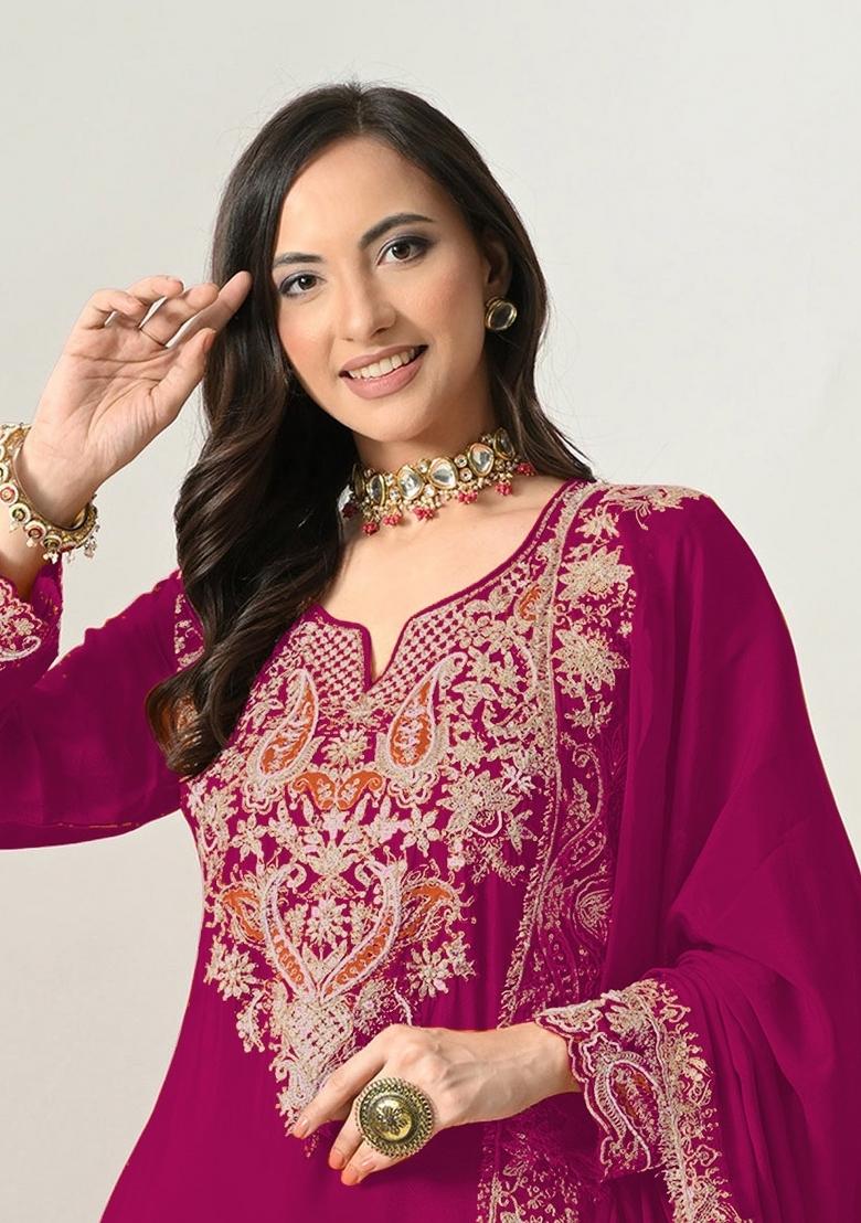 Deep Magenta Embroidered Chinon Kurta Set - Indya