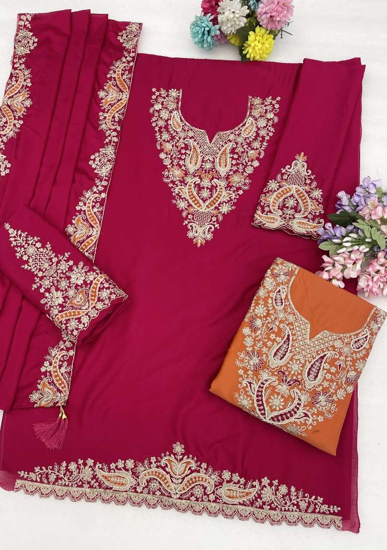 Deep Magenta Embroidered Chinon Kurta Set - Indya