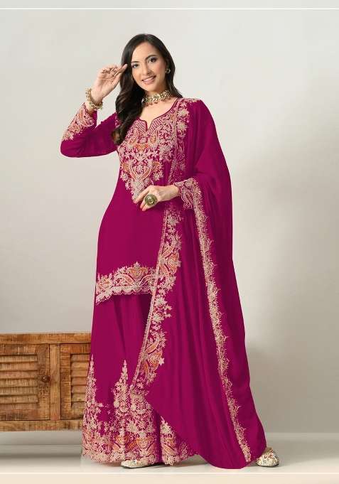 Deep Magenta Embroidered Chinon Kurta Set