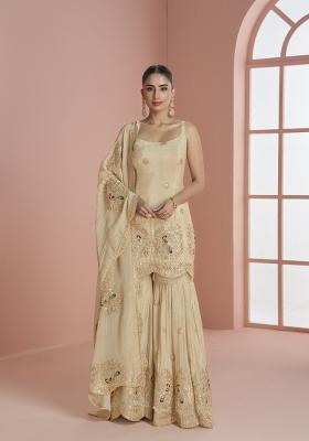 Beige Embroidered Silk Blend Kurta Set