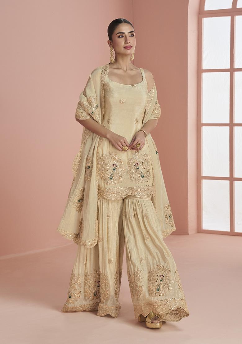 Beige Embroidered Silk Blend Kurta Set - Indya