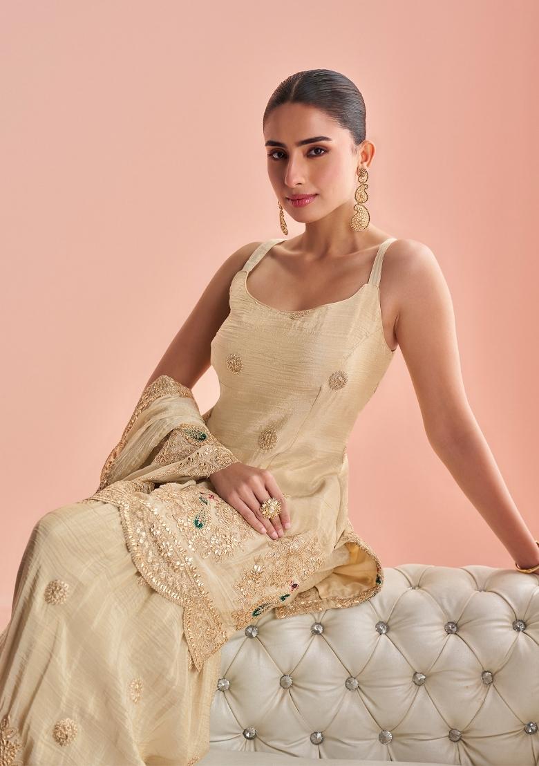 Beige Embroidered Silk Blend Kurta Set - Indya