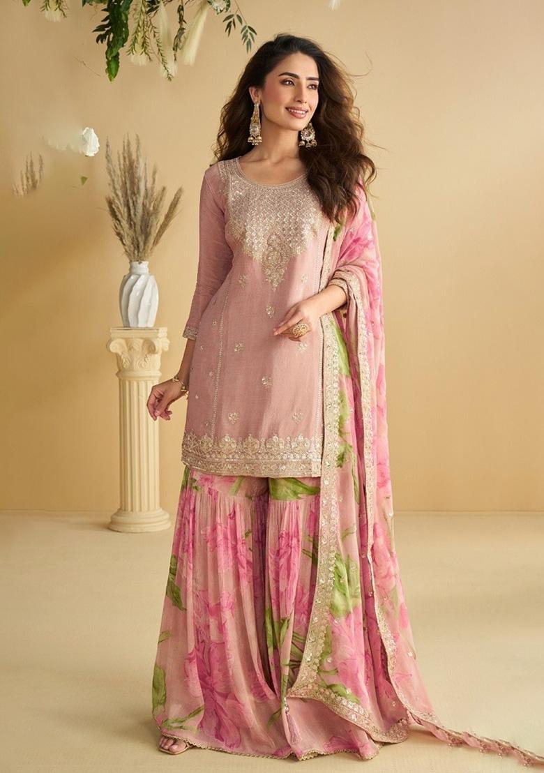 Pink Embroidered Chinon Kurta Set - Indya