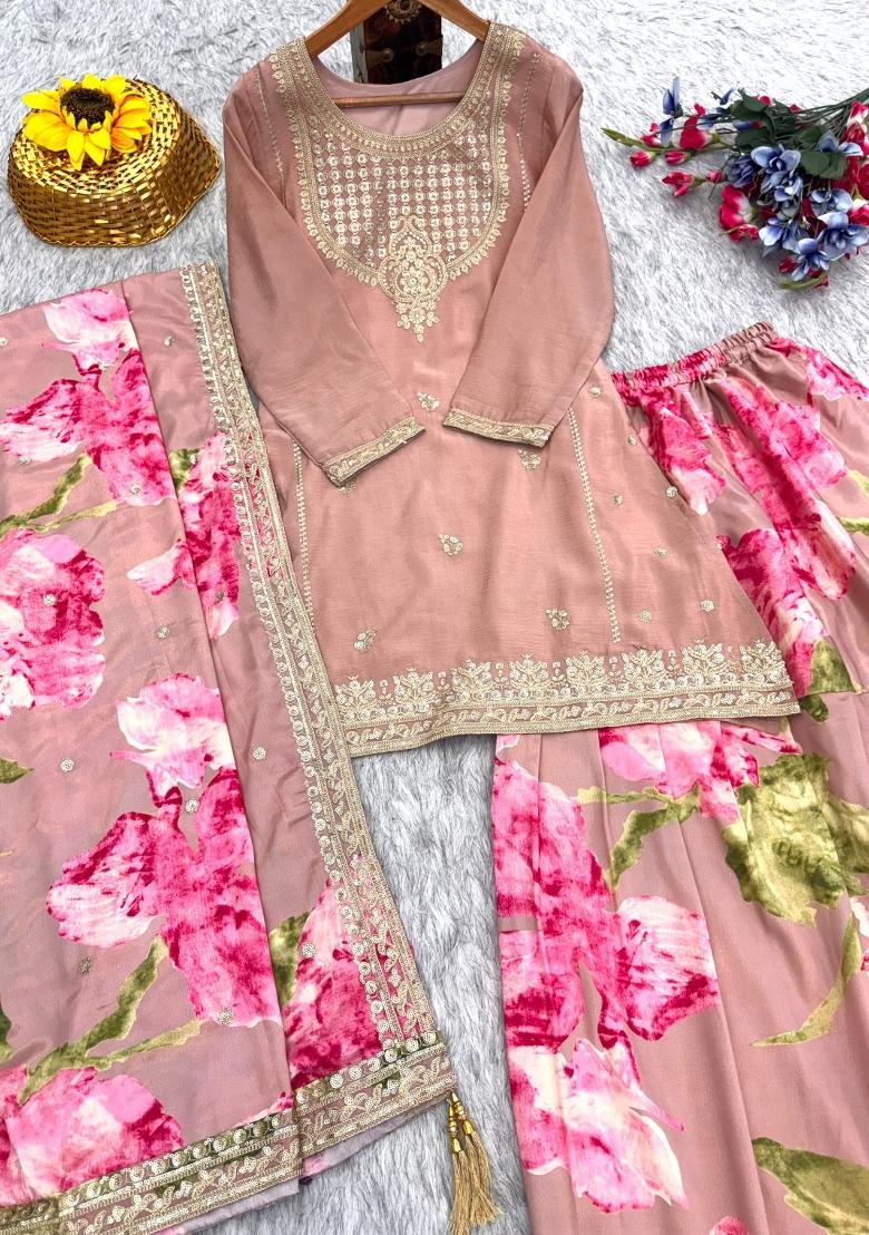 Pink Embroidered Chinon Kurta Set - Indya