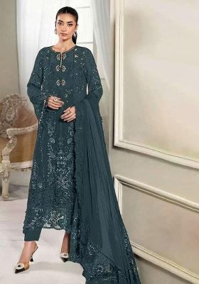 Grey Embroidered Crunchy Kurta Set