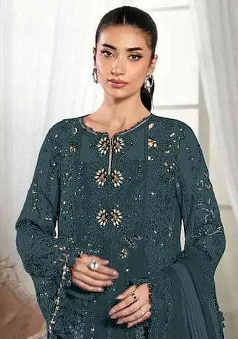 Grey Embroidered Crunchy Kurta Set - Indya