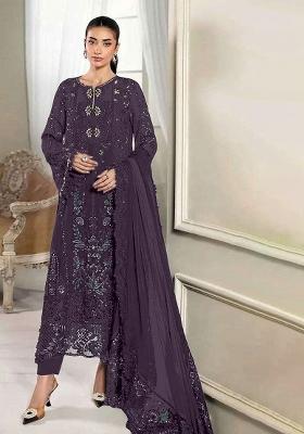 Wine Embroidered Crunchy Kurta Set