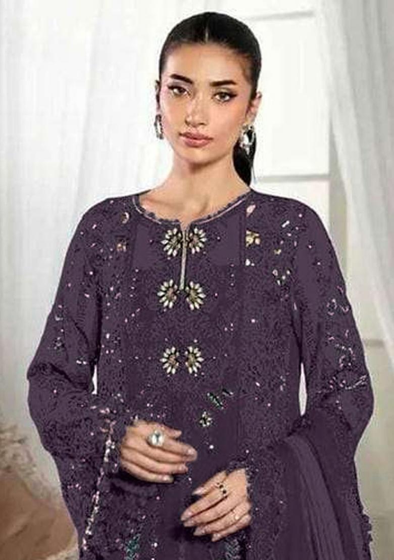 Wine Embroidered Crunchy Kurta Set - Indya