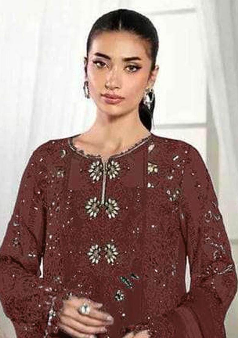 Coffee Embroidered Crunchy Kurta Set - Indya