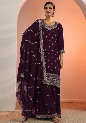 Wine Embroidered Georgette Kurta Set