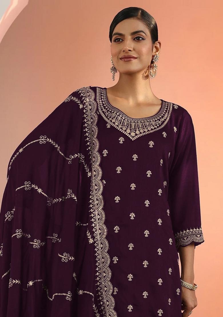 Wine Embroidered Georgette Kurta Set - Indya