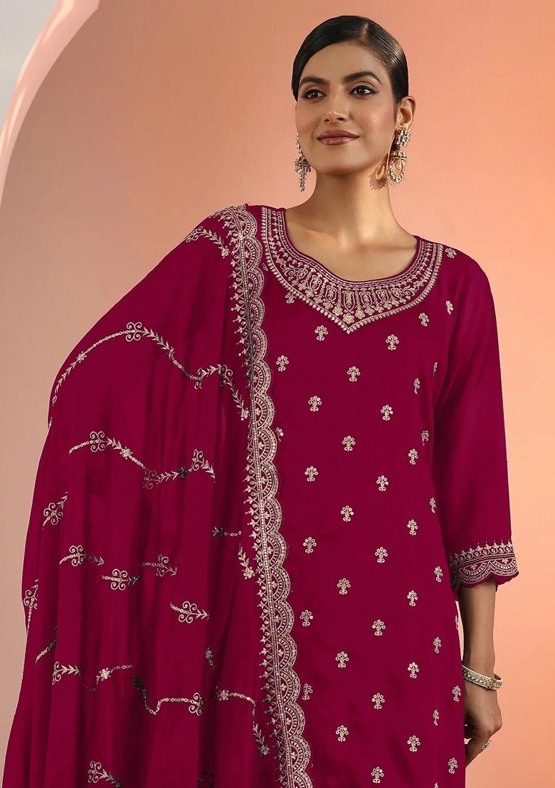 Red Embroidered Georgette Kurta Set - Indya
