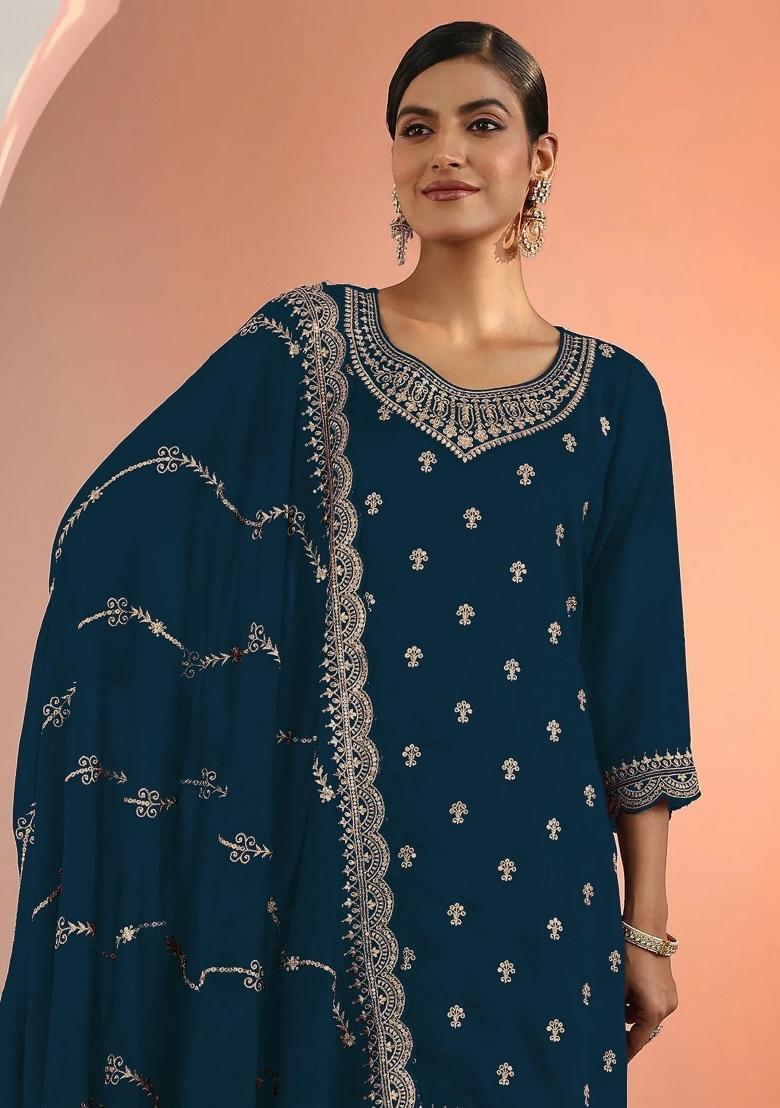 Royal Blue Embroidered Georgette Kurta Set - Indya