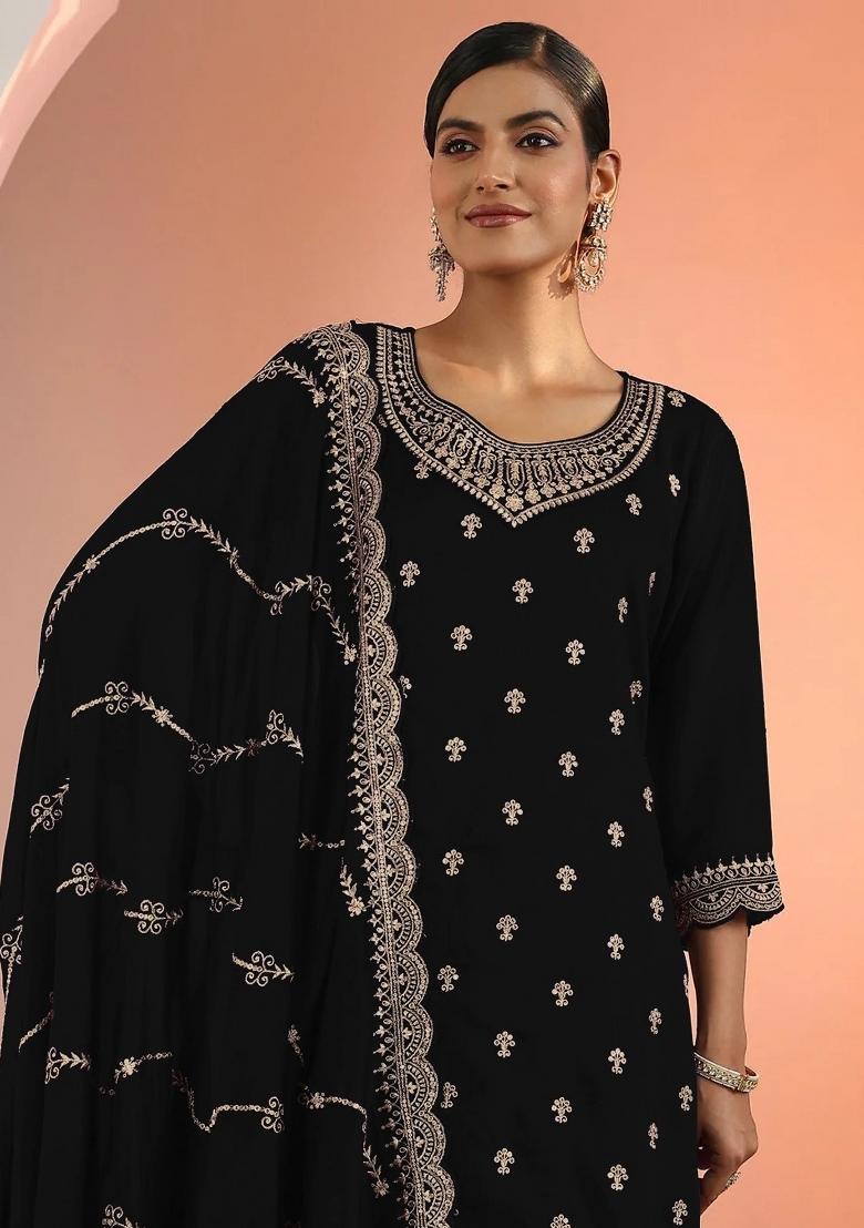 Black Embroidered Georgette Kurta Set - Indya