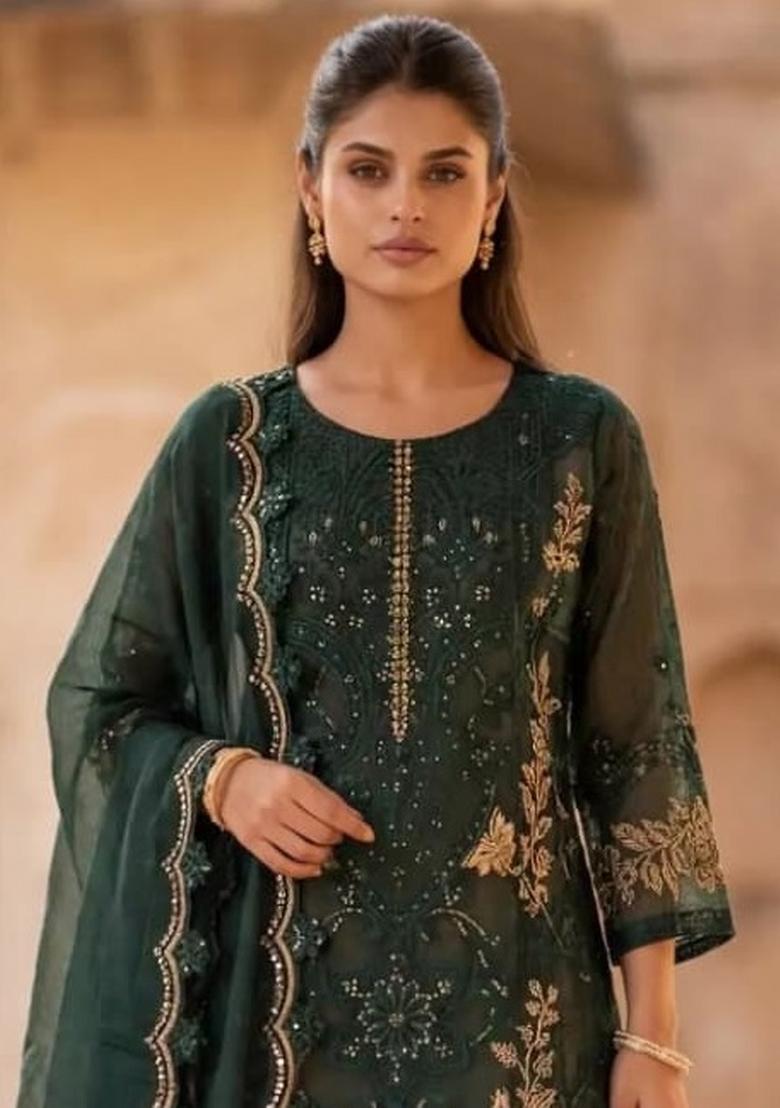 Green Embroidered Crunchy Kurta Set - Indya