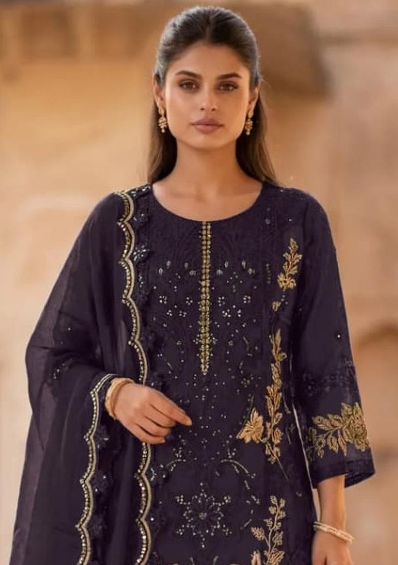 Wine Embroidered Crunchy Kurta Set - Indya