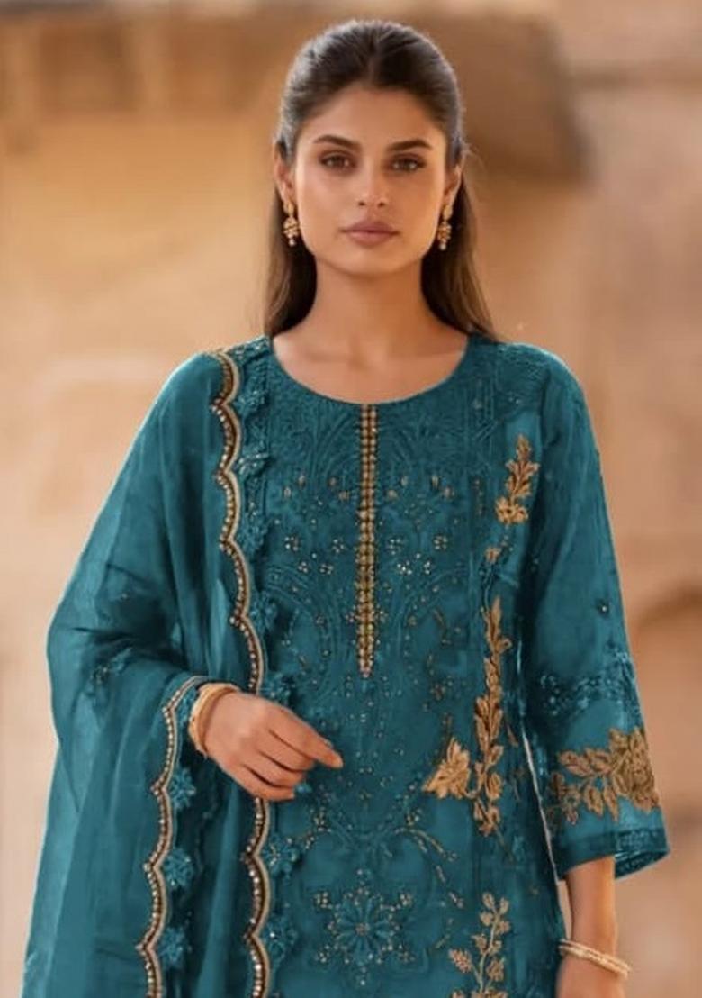 Sky Blue Embroidered Crunchy Kurta Set - Indya