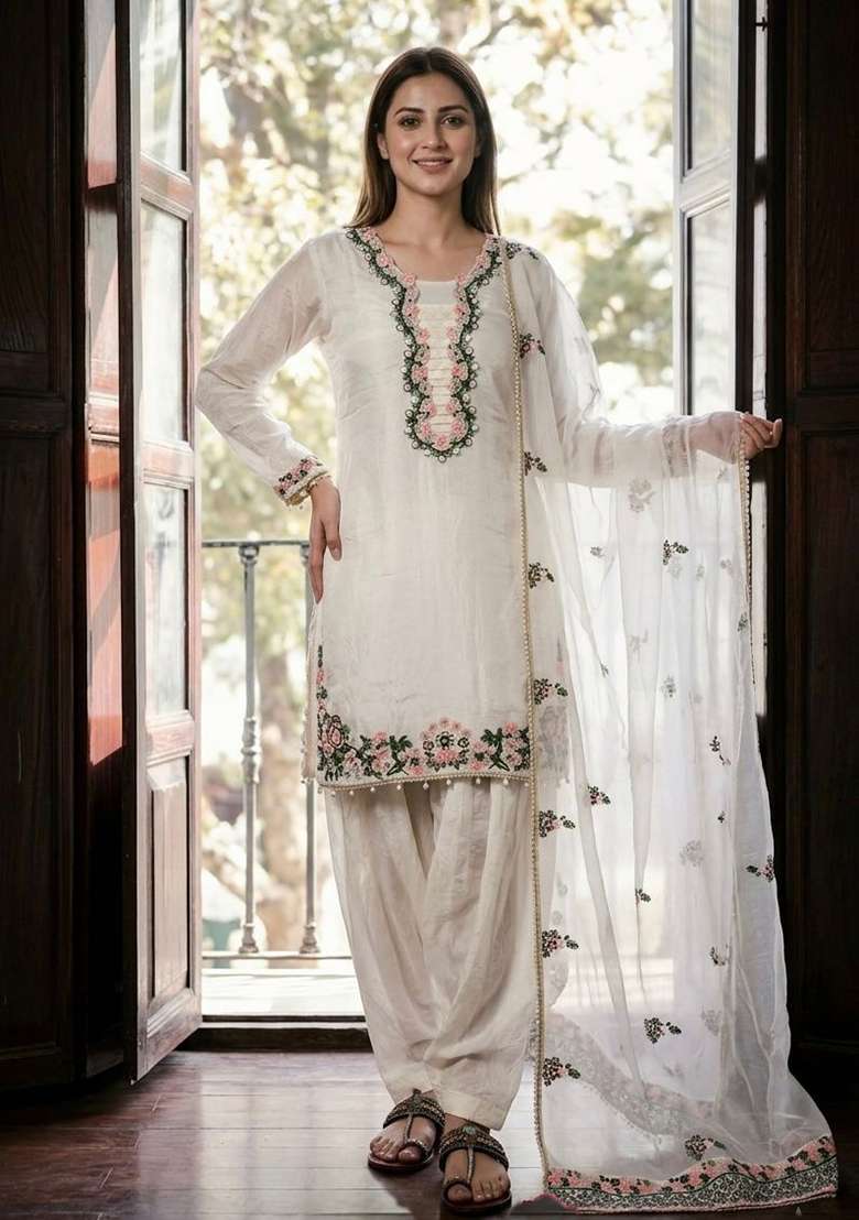 White Sequin Work Silk Palazzo Set - Indya