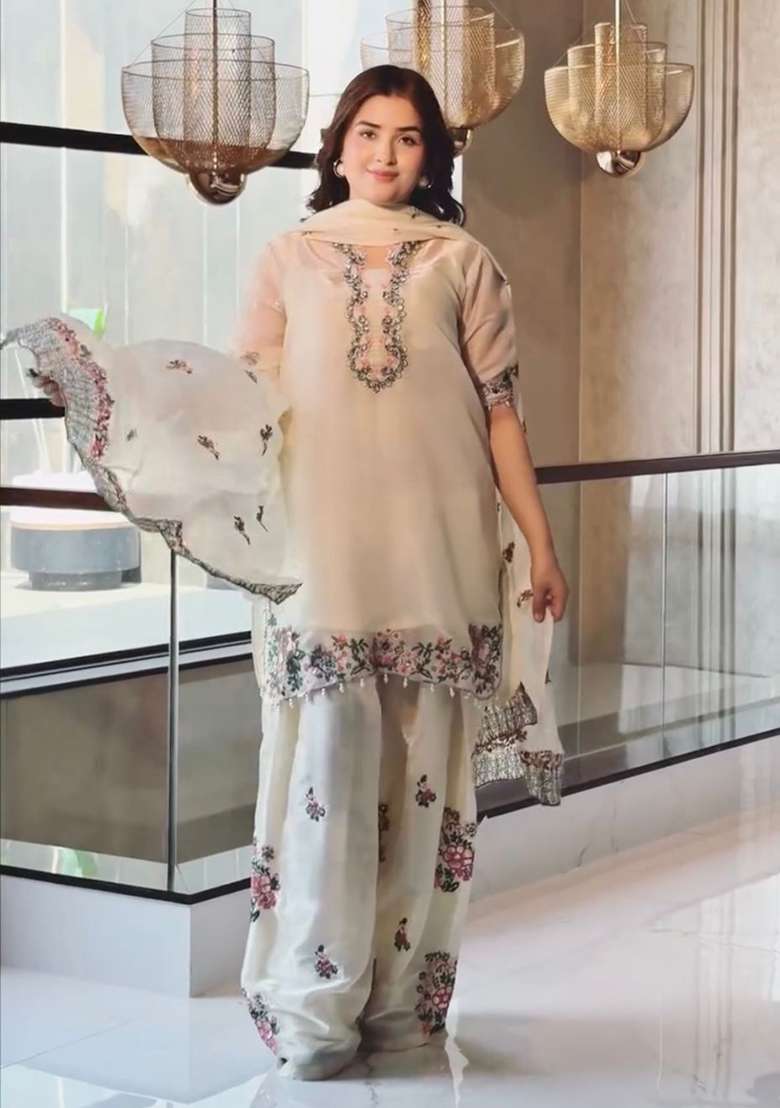 White Sequin Work Silk Palazzo Set - Indya