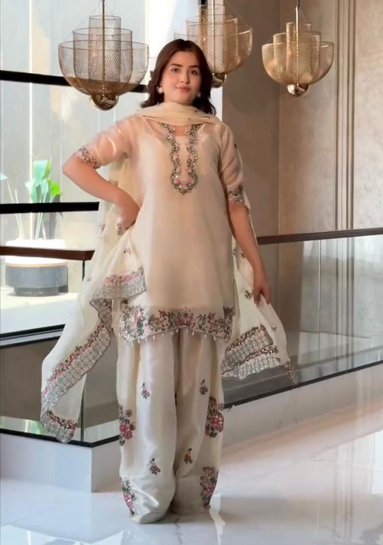 White Sequin Work Silk Palazzo Set - Indya