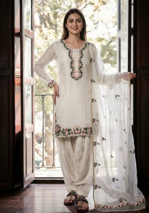 White Sequin Work Silk Palazzo Set