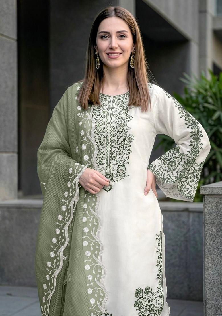 Green Embroidered Cotton Palazzo Set - Indya