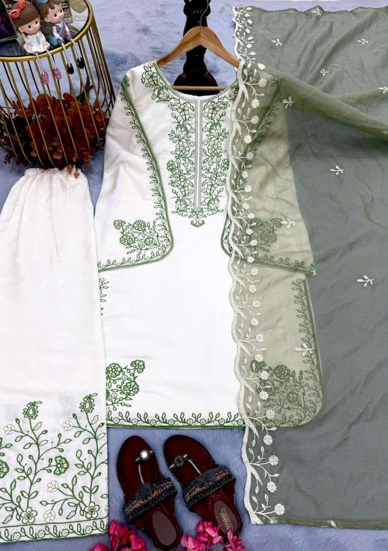 Green Embroidered Cotton Palazzo Set - Indya