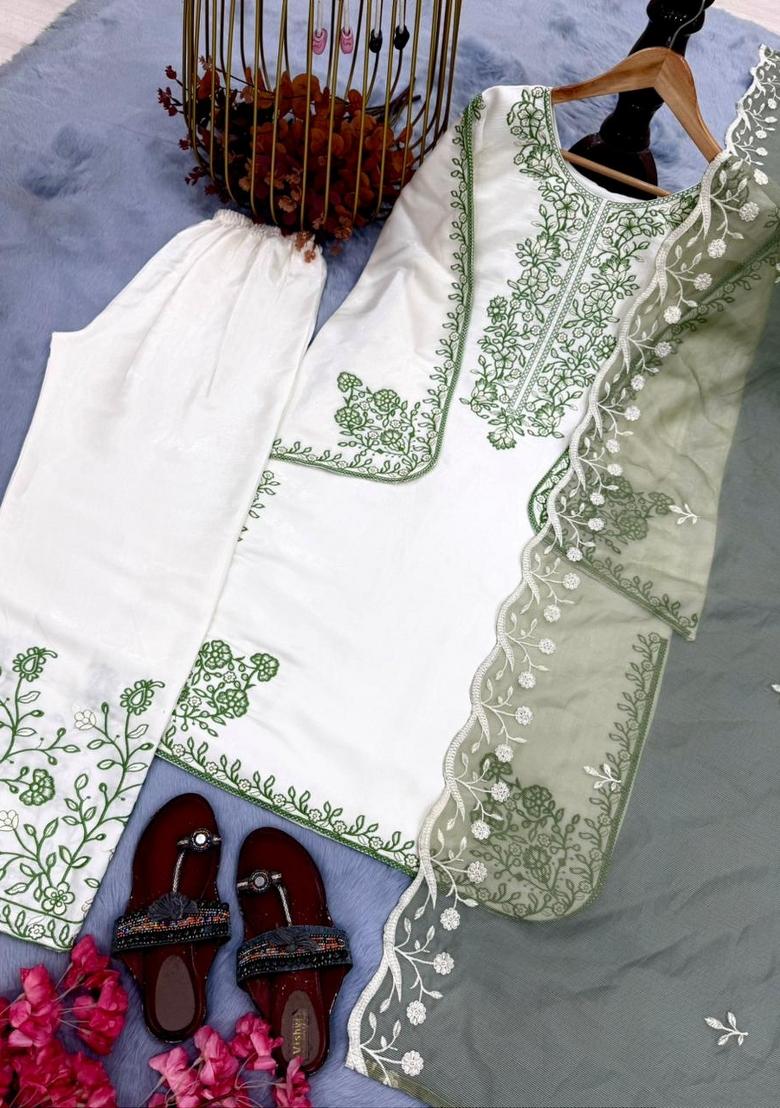 Green Embroidered Cotton Palazzo Set - Indya