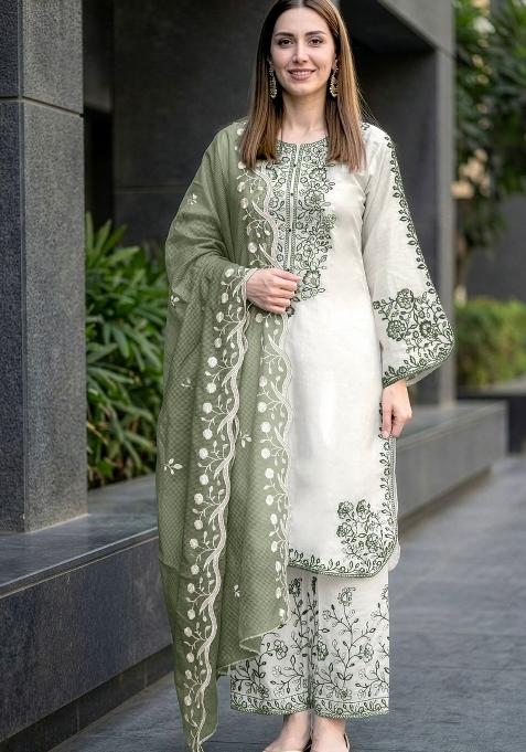 Green Embroidered Cotton Palazzo Set
