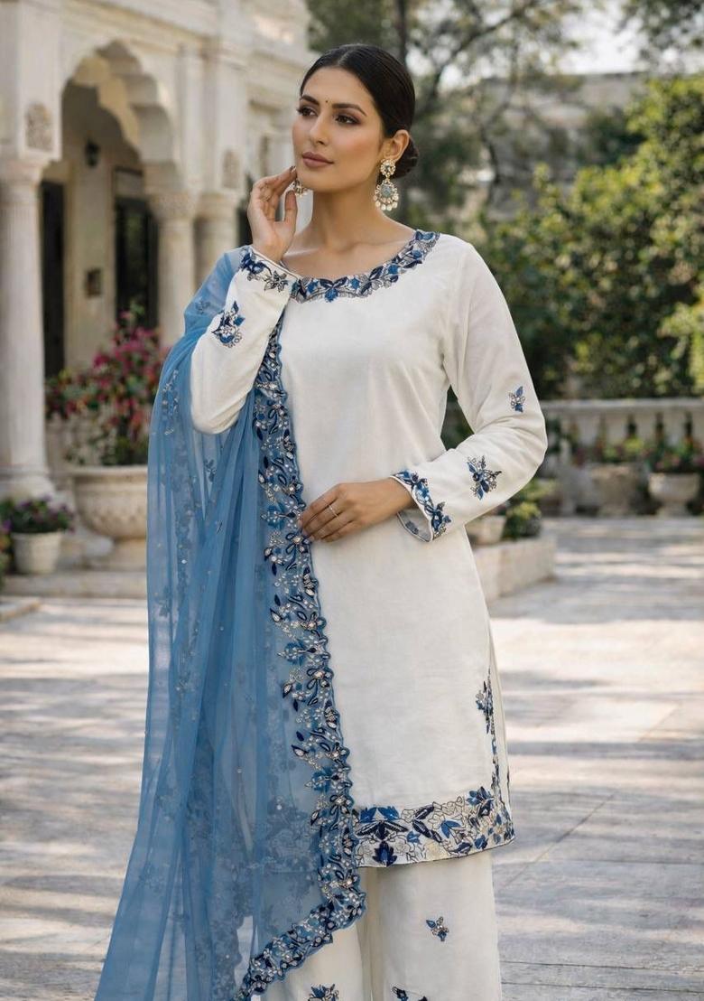 Blue Embroidered Cotton Palazzo Set - Indya