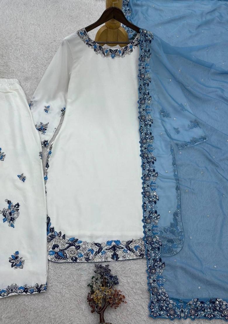 Blue Embroidered Cotton Palazzo Set - Indya
