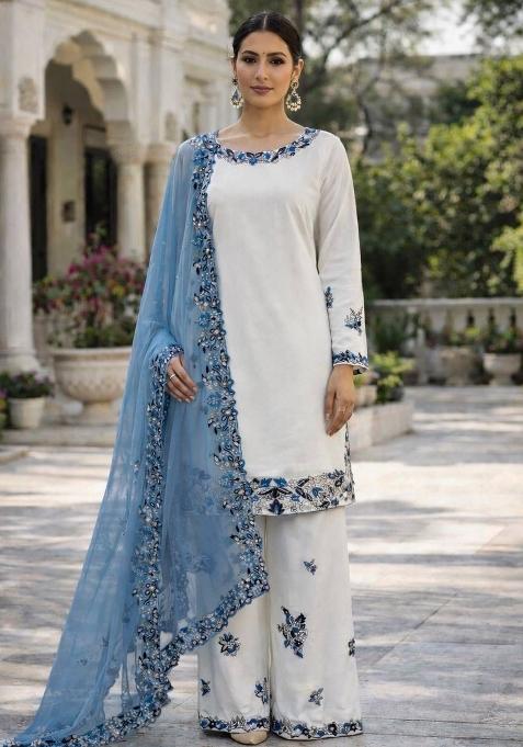 Blue Embroidered Cotton Palazzo Set