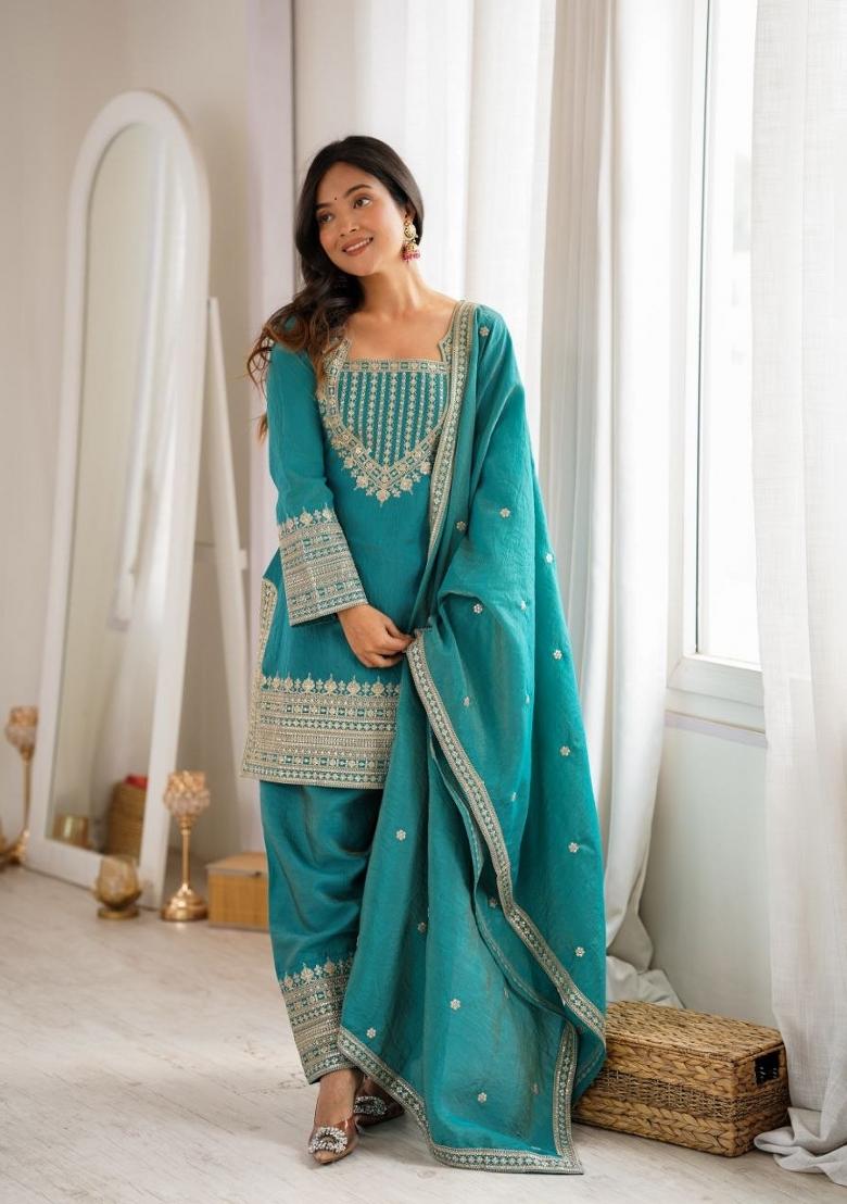 Blue Embroidered Silk Salwar Kameez - Indya