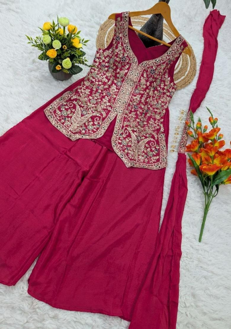Pink Embroidered Chinon Salwar Kameez - Indya